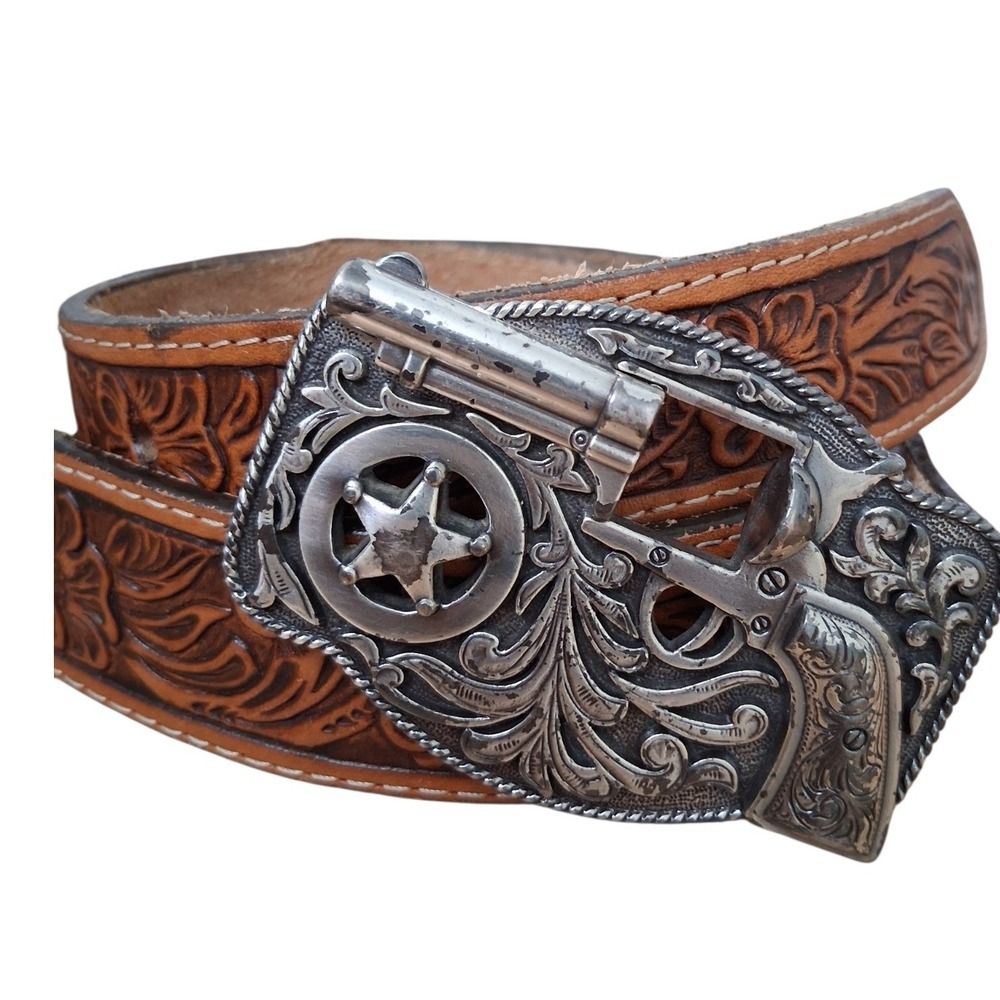 Justin Brown Tooled Leather Kids size 26 Little Trigger Western Belt & Buckle